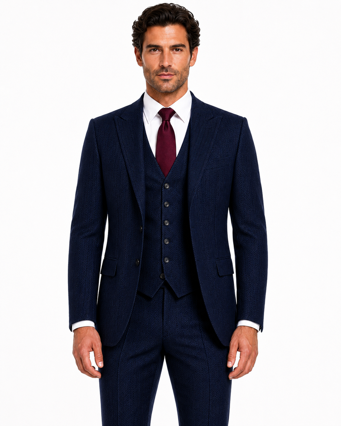 Men’s Made-to-Measure Classic Navy Blue Herringbone Tweed Three-Piece Suit - Image 10