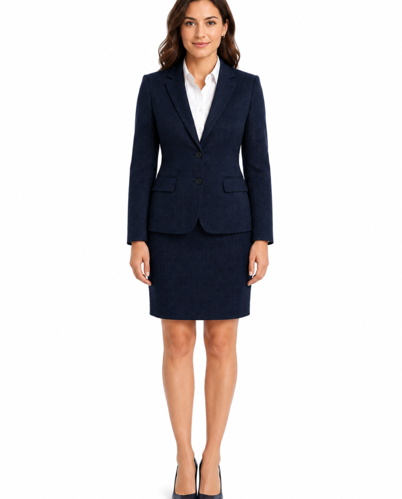 Women’s Classic Navy Blue Herringbone Tweed Tailored Skirt