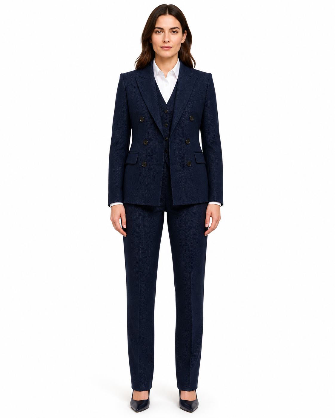 Women’s Classic Navy Blue Herringbone Tweed Trousers - Image 4