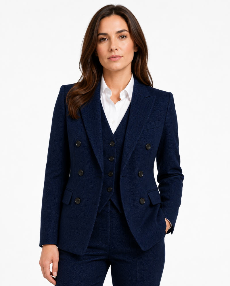 Women’s Classic Navy Blue Herringbone Tweed Double-Breasted Trouser Suit