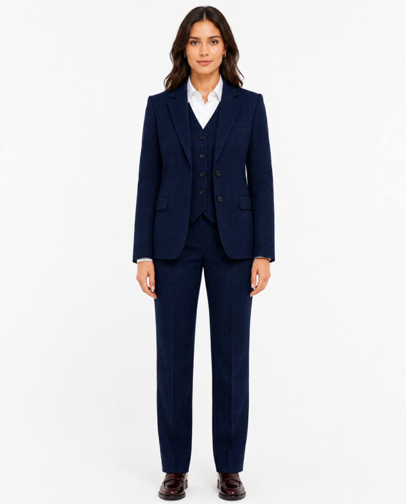 Women’s Classic Navy Blue Herringbone Tweed Trousers