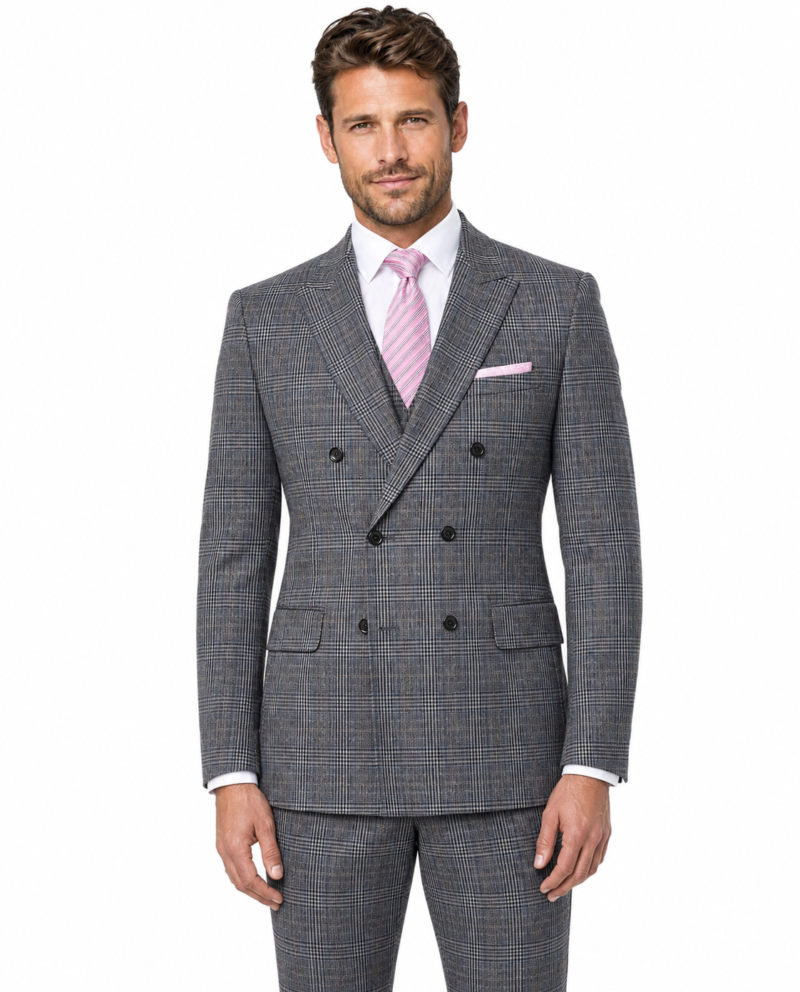 Men’s Grey Glen Check Tweed Double-Breasted Three-Piece Suit