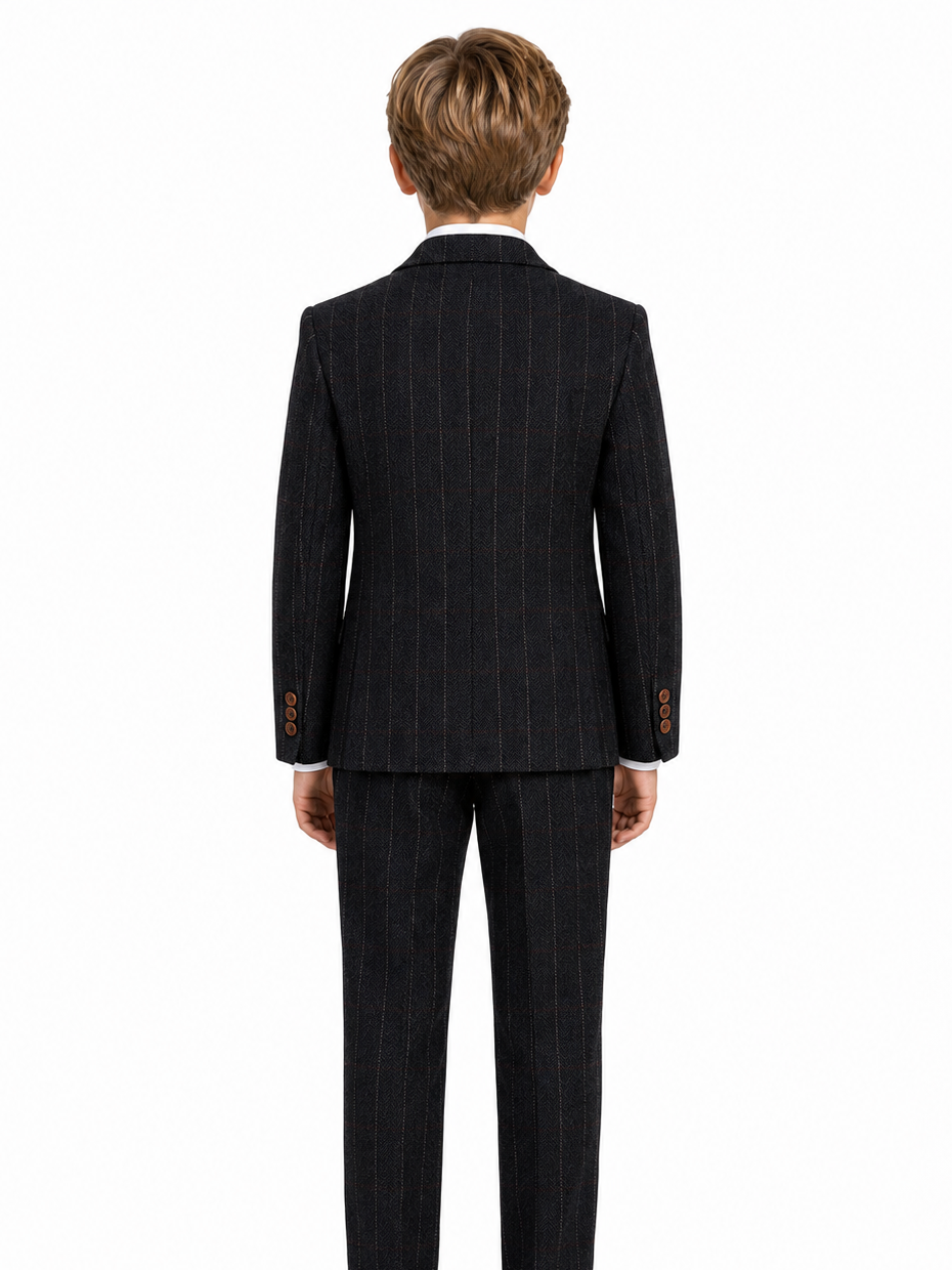 Boys’ Black Herringbone Tweed with Overcheck Three-Piece Suit - Image 3