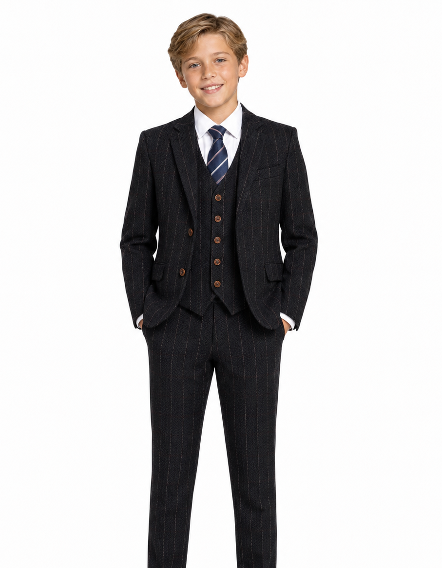 Boys’ Black Herringbone Tweed with Overcheck Three-Piece Suit - Image 2
