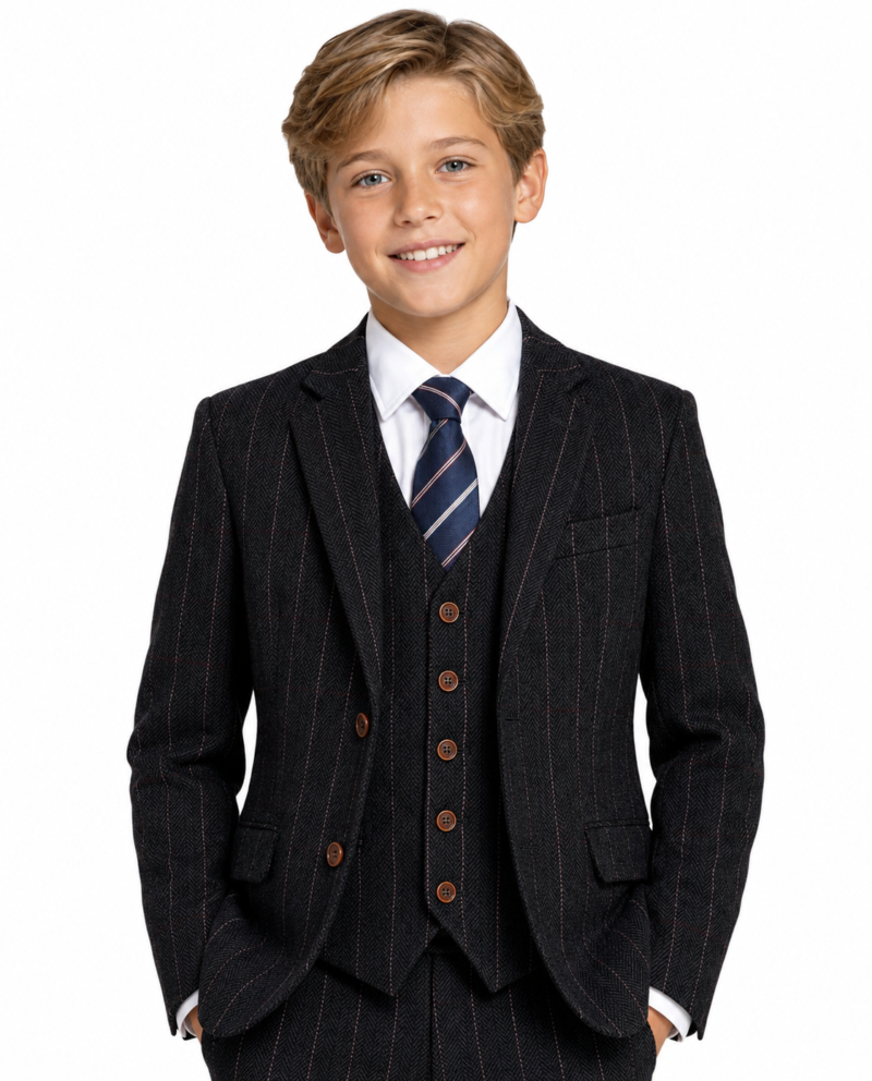 Boys’ Black Herringbone Tweed with Overcheck Jacket