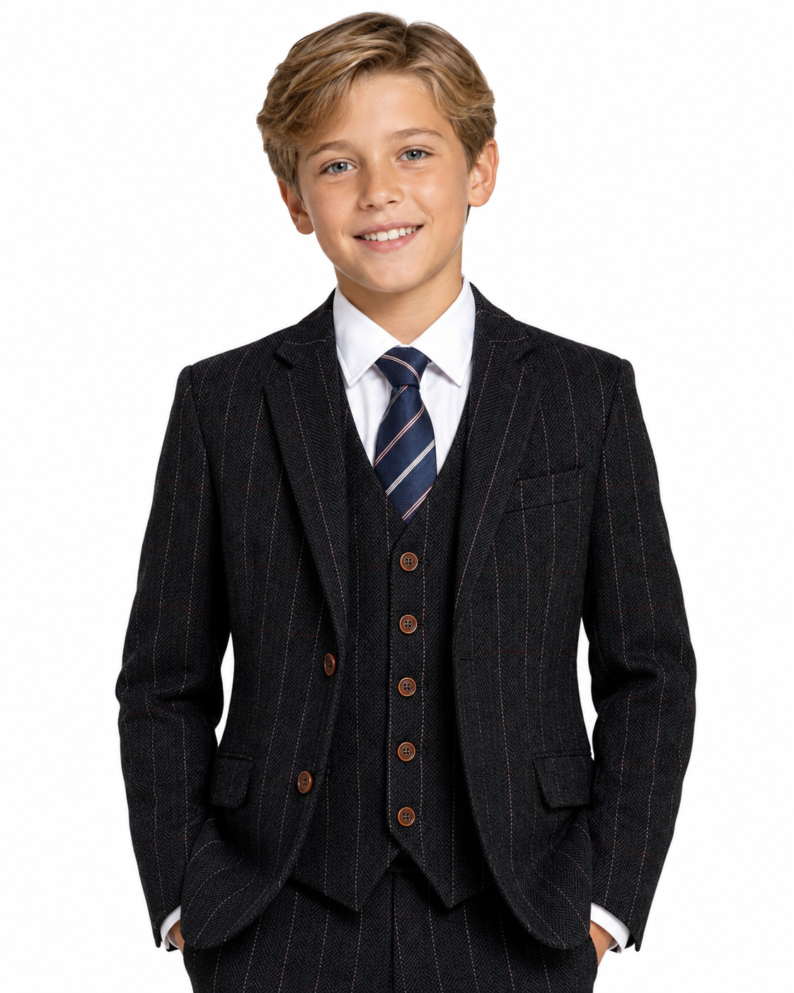 Boys’ Black Herringbone Tweed with Overcheck Three-Piece Suit