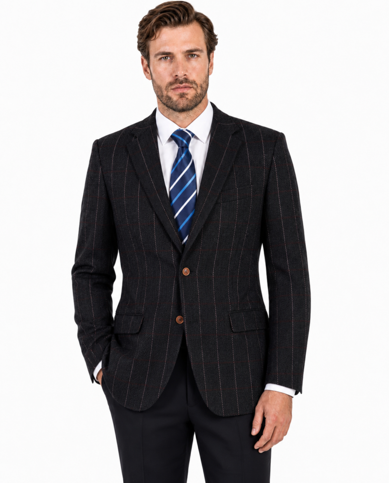 Men’s Black Herringbone Tweed with Overcheck Single-Breasted Jacket