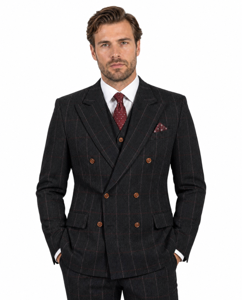 Men’s Black Herringbone Tweed with Overcheck Double-Breasted Three-Piece Suit