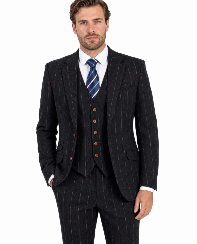Men’s Made-to-Measure Black Herringbone Tweed with Overcheck Three-Piece Suit