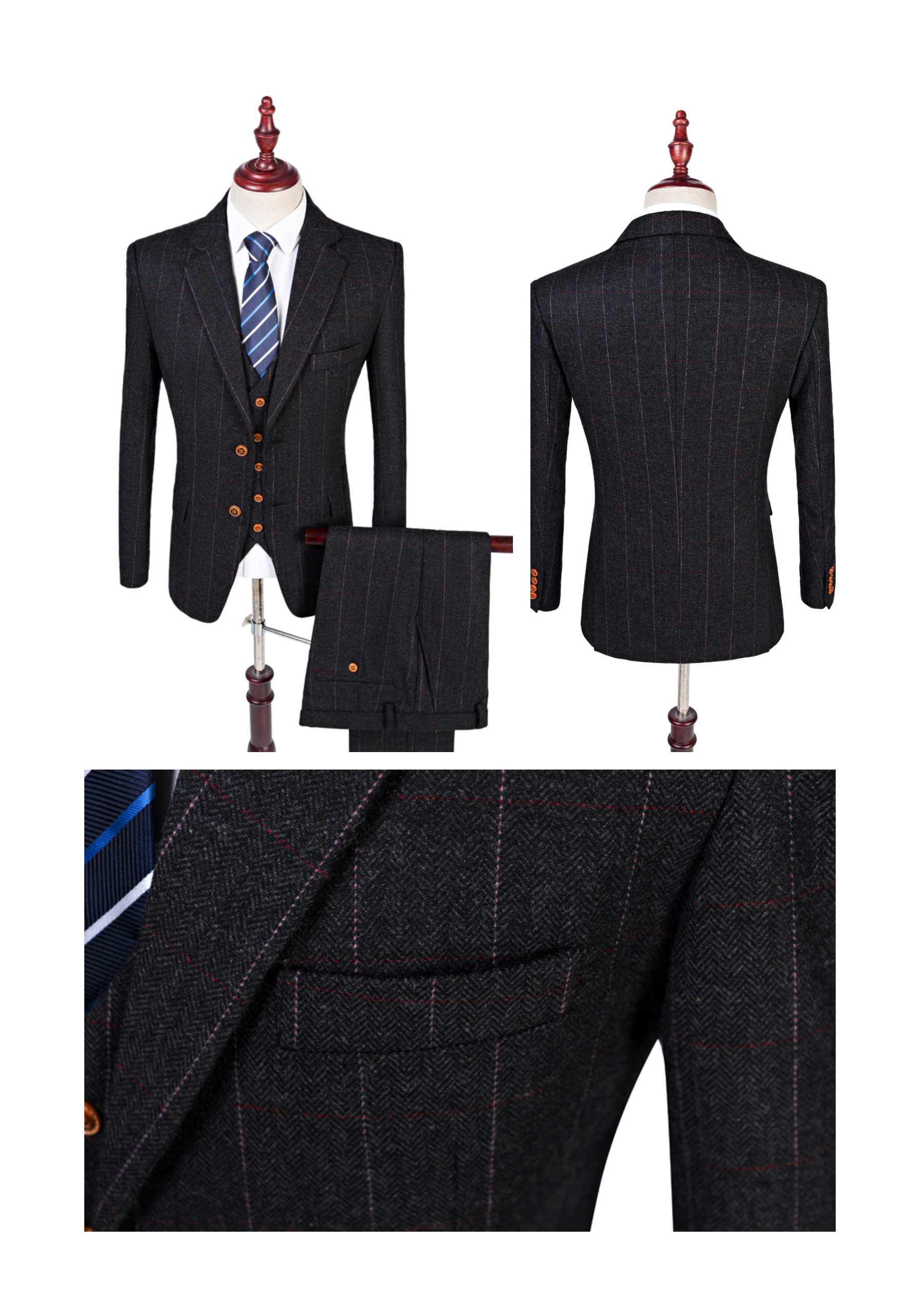 Boys’ Black Herringbone Tweed with Overcheck Three-Piece Suit - Image 5