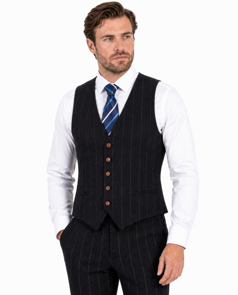 Men’s Black Herringbone Tweed with Overcheck Waistcoat