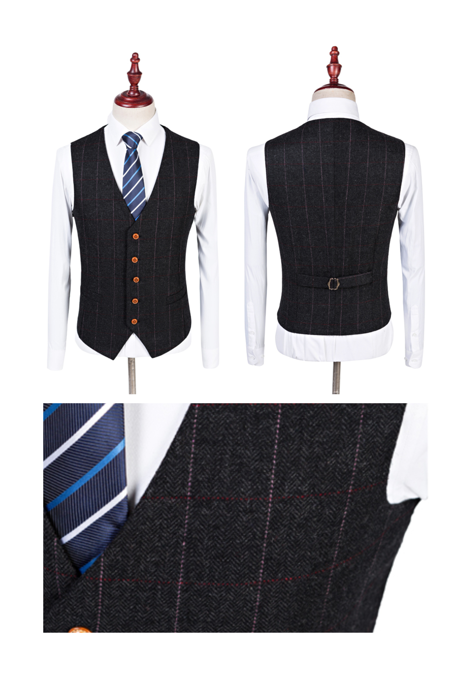 Boys’ Black Herringbone Tweed with Overcheck Three-Piece Suit - Image 4