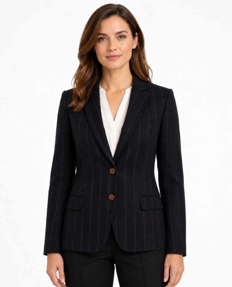 Women’s Black Herringbone Tweed with Overcheck Single-Breasted Jacket