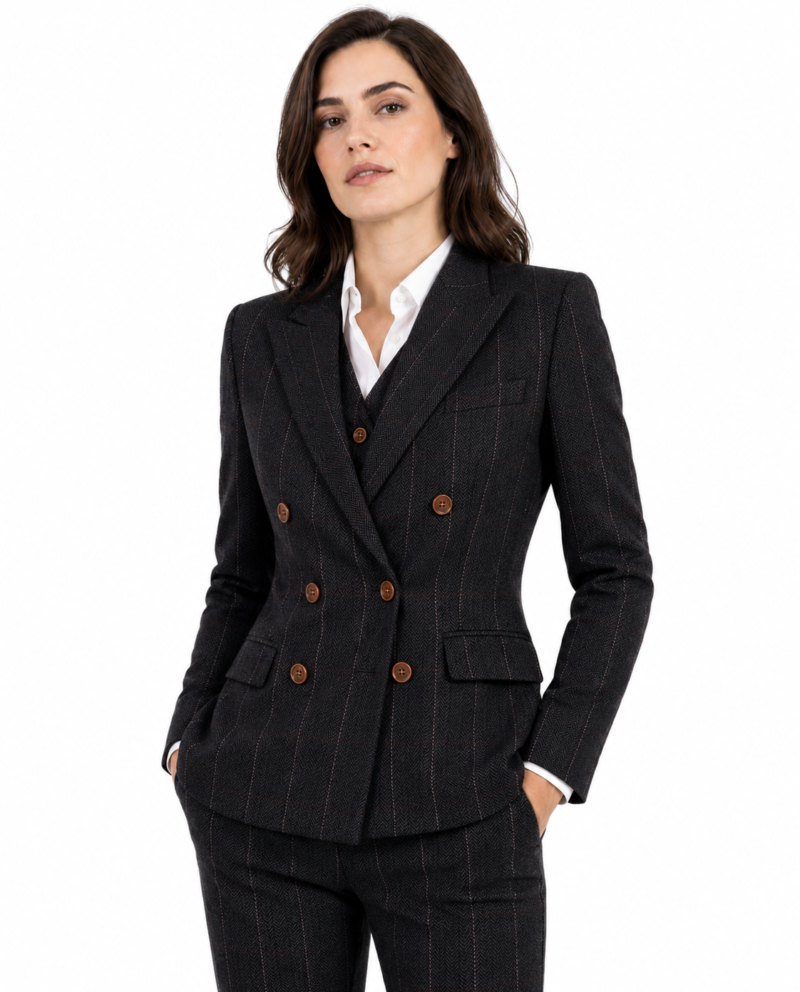 Women’s Black Herringbone Tweed with Overcheck Double-Breasted Trouser Suit