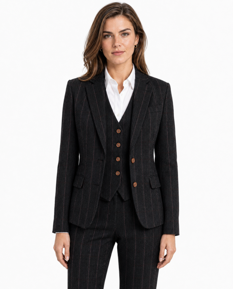 Women’s Made-to-Measure Black Herringbone Tweed with Overcheck Three-Piece Suit