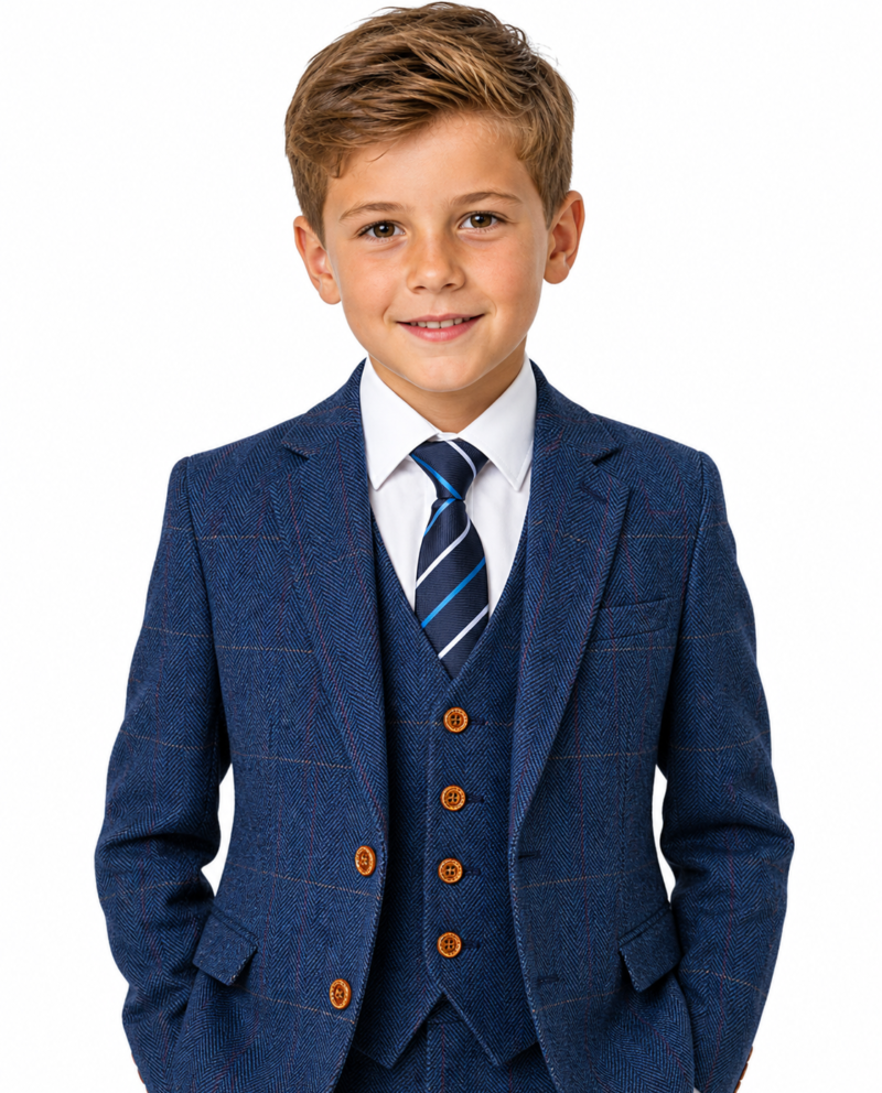 Boys’ Blue Herringbone Tweed with Overcheck Three-Piece Suit