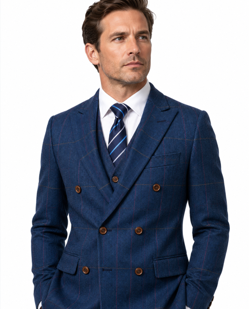 Men’s Blue Herringbone Tweed with Overcheck Double-Breasted Jacket