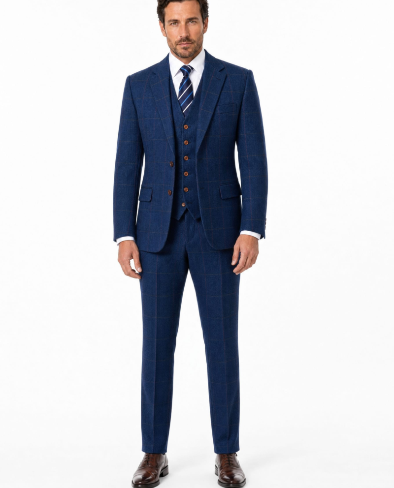 Men’s Blue Herringbone Tweed with Overcheck Trousers