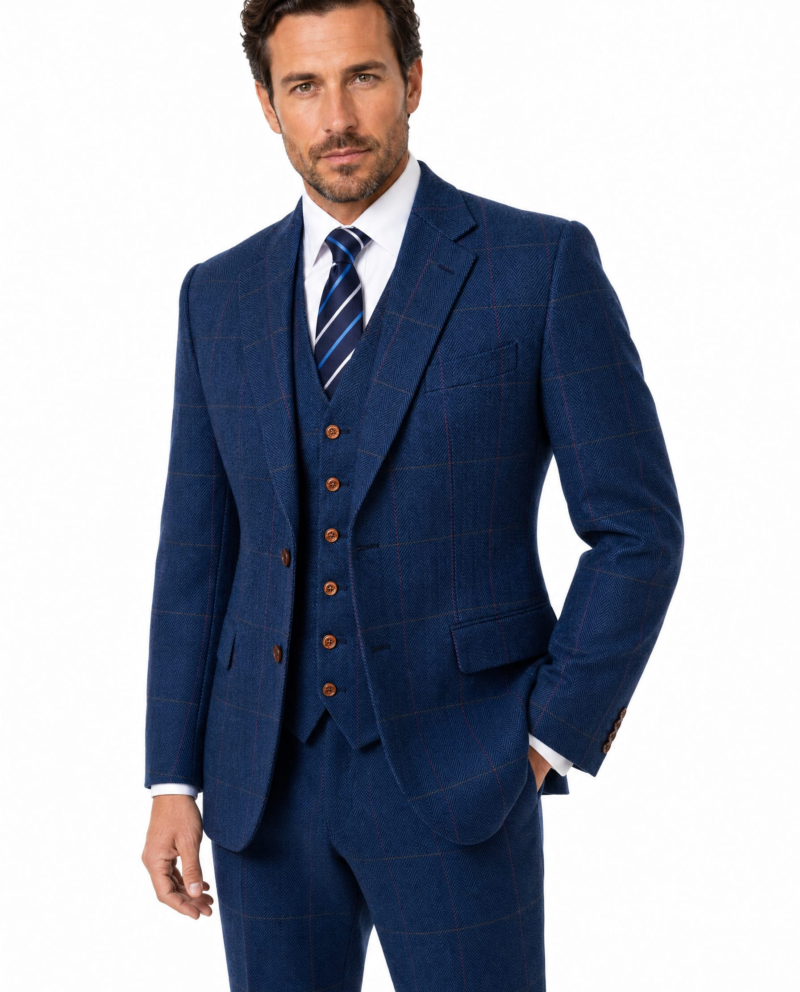 Men’s Made-to-Measure Blue Herringbone Tweed with Overcheck Three-Piece Suit