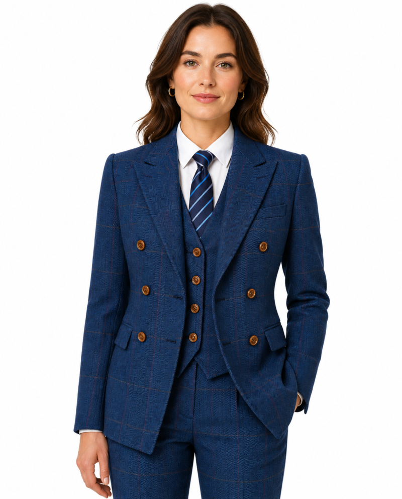 Women’s Blue Herringbone Tweed with Overcheck Double-Breasted Trouser Suit
