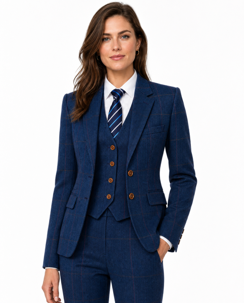 Women’s Made-to-Measure Blue Herringbone Tweed with Overcheck Three-Piece Suit