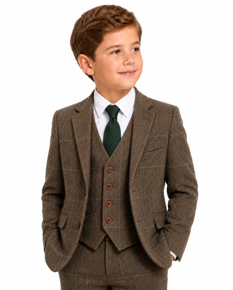Boys’ Camel Brown Herringbone Tweed with Overcheck Jacket