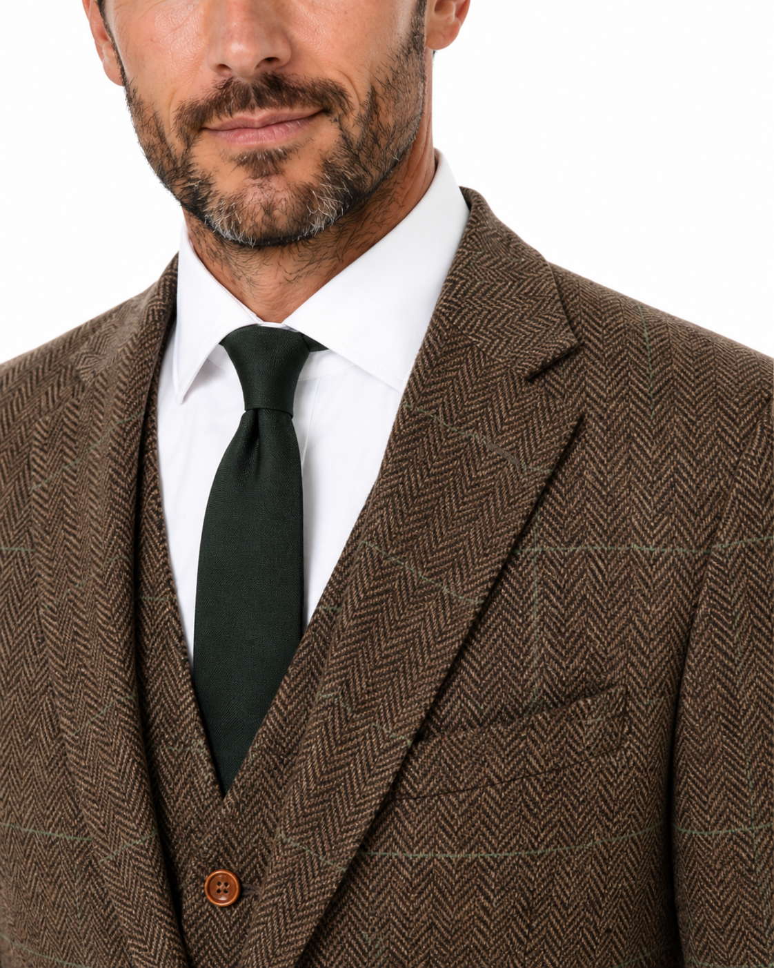 Men’s Made-to-Measure Camel Brown Herringbone Tweed with Overcheck Three-Piece Suit - Image 2