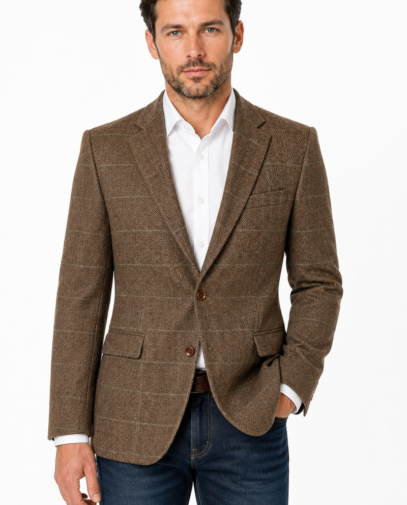 Men’s Camel Brown Herringbone Tweed with Overcheck Single-Breasted Jacket