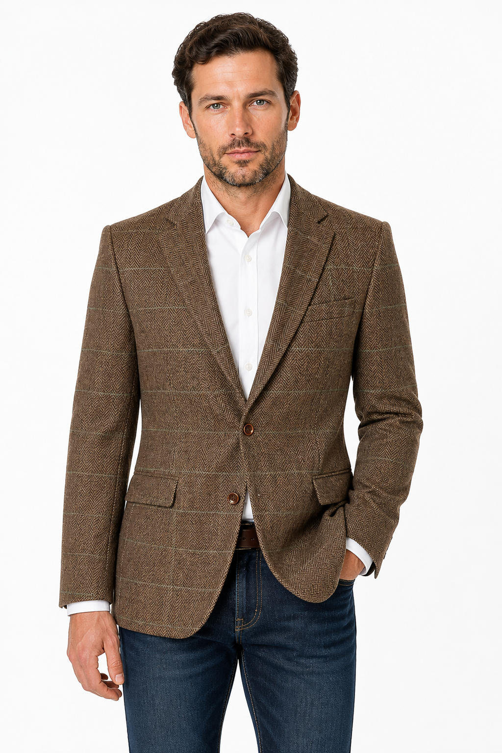 Men’s Made-to-Measure Camel Brown Herringbone Tweed with Overcheck Three-Piece Suit - Image 3