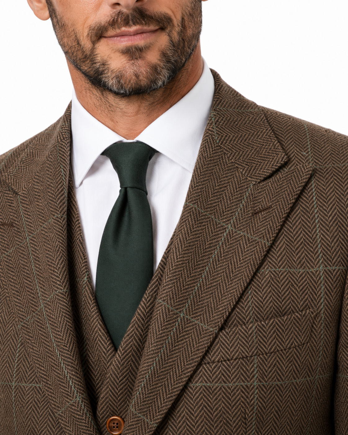 Men’s Made-to-Measure Camel Brown Herringbone Tweed with Overcheck Three-Piece Suit - Image 4