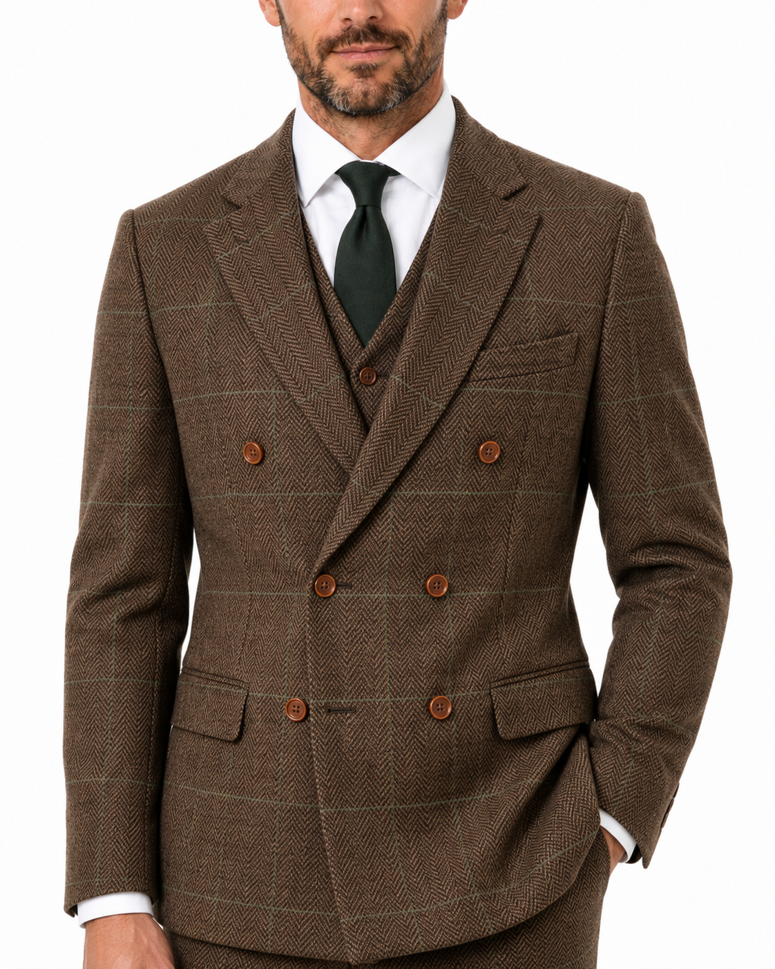 Men’s Made-to-Measure Camel Brown Herringbone Tweed with Overcheck Three-Piece Suit - Image 6