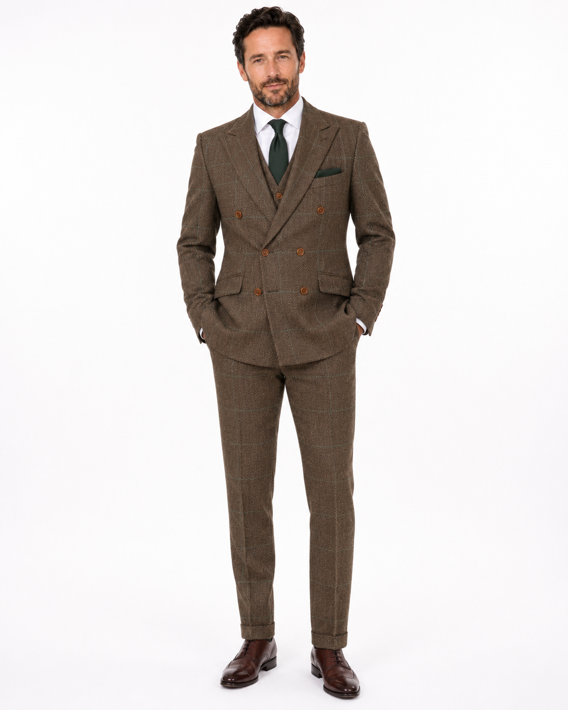 Men’s Camel Brown Herringbone Tweed with Overcheck Trousers - Image 4