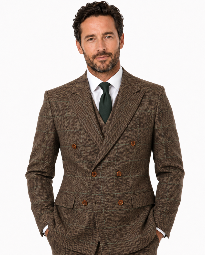 Men’s Camel Brown Herringbone Tweed with Overcheck Double-Breasted Jacket