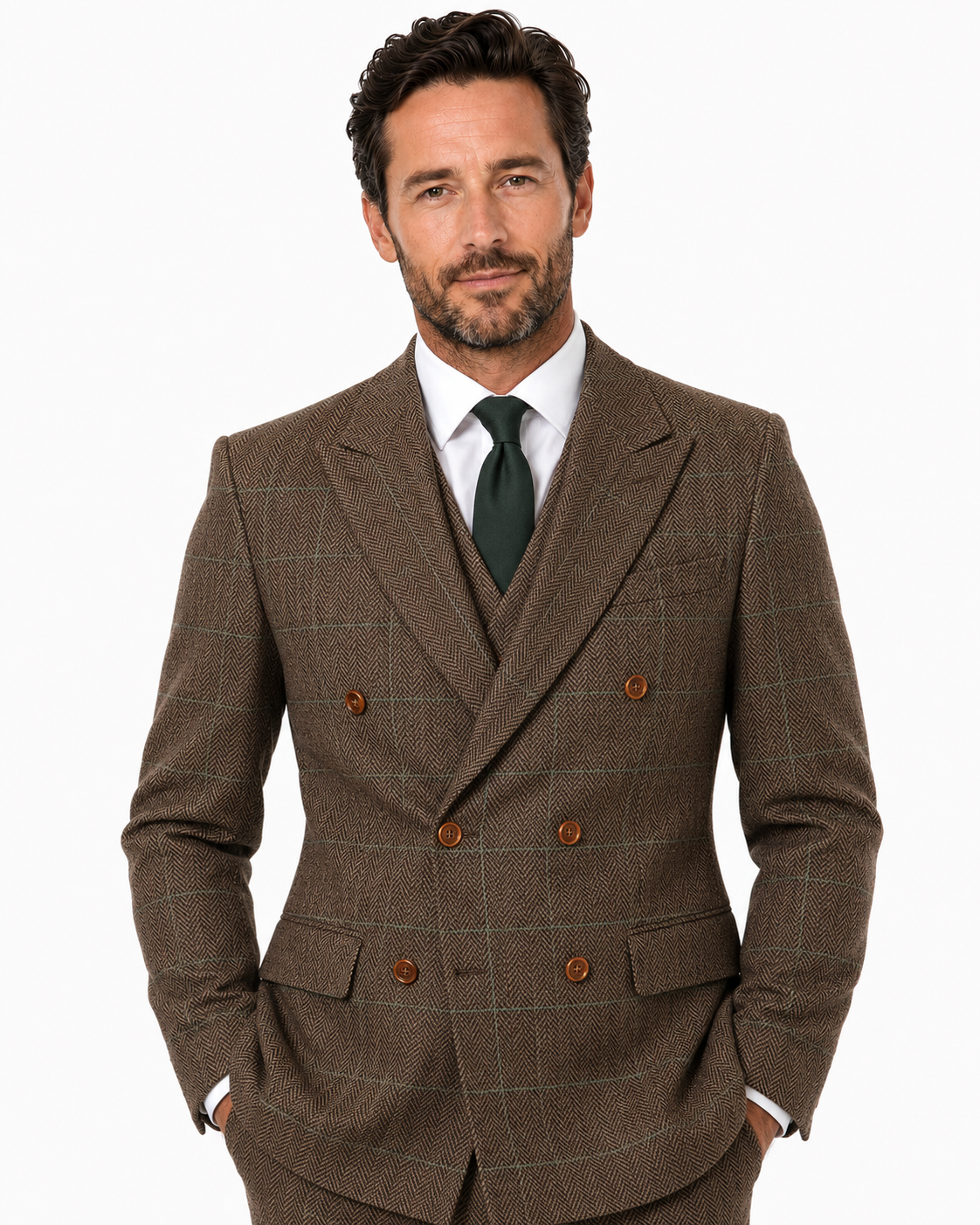 Men’s Made-to-Measure Camel Brown Herringbone Tweed with Overcheck Three-Piece Suit - Image 8