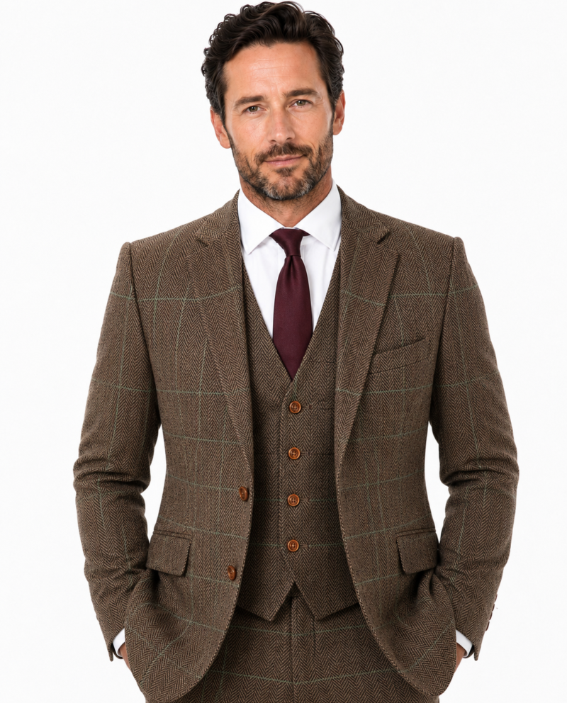 Men’s Made-to-Measure Camel Brown Herringbone Tweed with Overcheck Three-Piece Suit