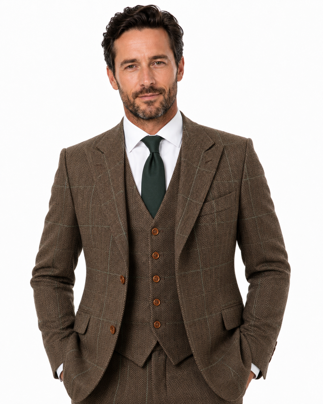 Men’s Made-to-Measure Camel Brown Herringbone Tweed with Overcheck Three-Piece Suit - Image 11