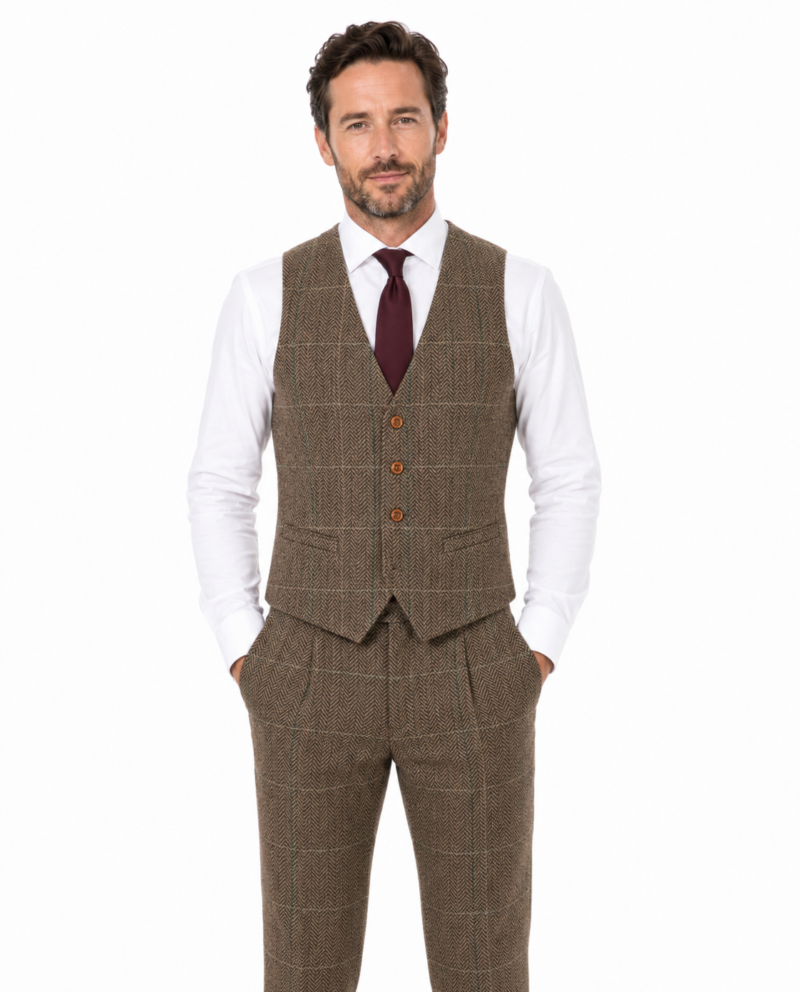 Men’s Camel Brown Herringbone Tweed with Overcheck Waistcoat
