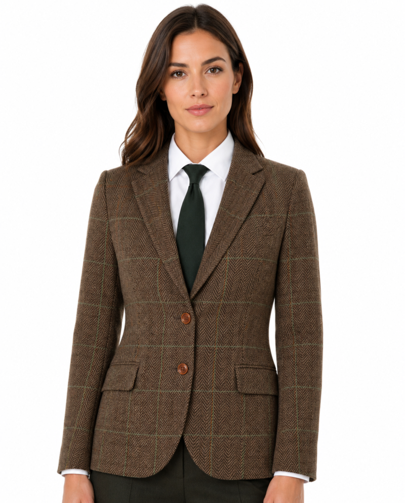 Women’s Camel Brown Herringbone Tweed with Overcheck Single-Breasted Jacket