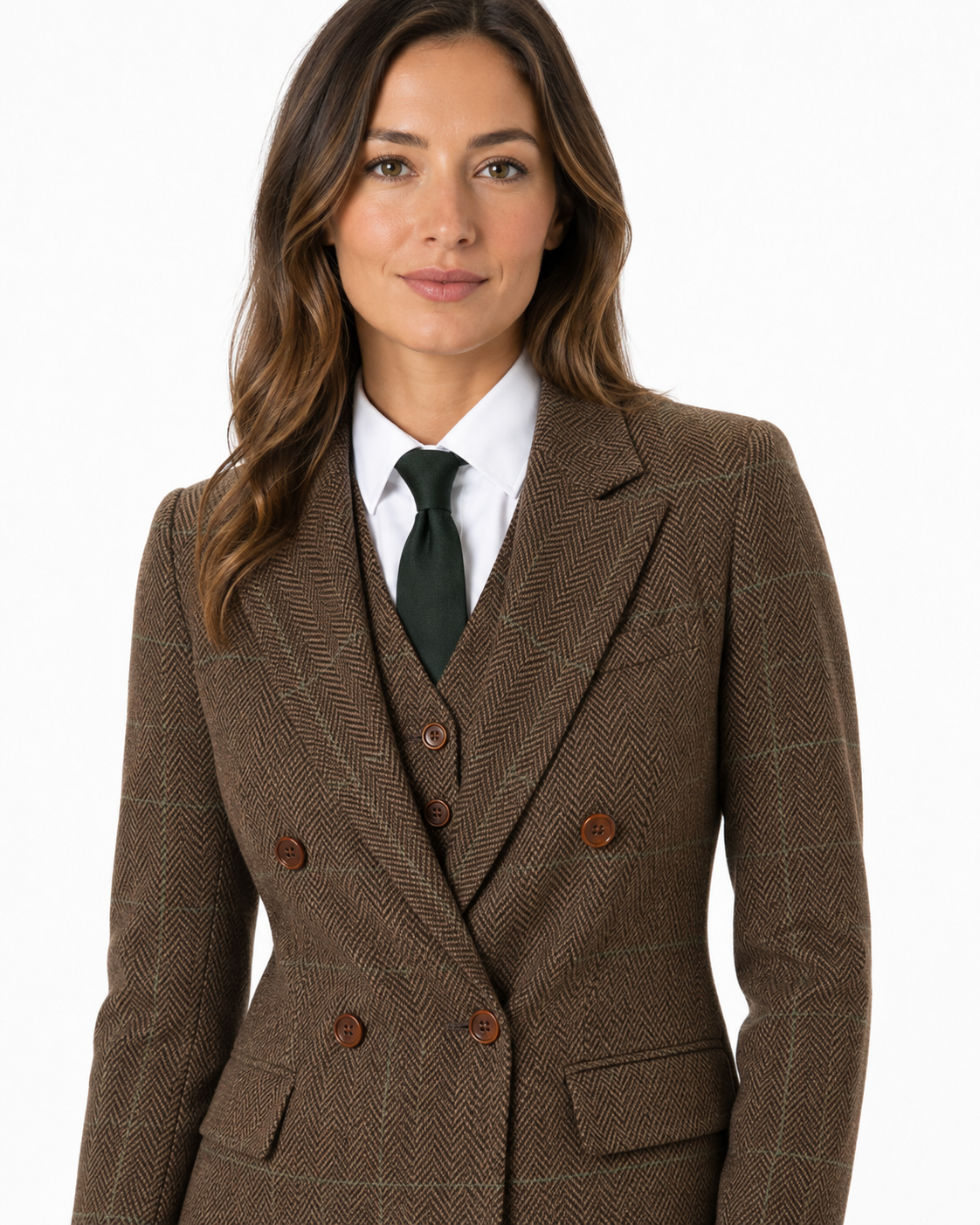 Women’s Camel Brown Herringbone Tweed with Overcheck Trousers - Image 7