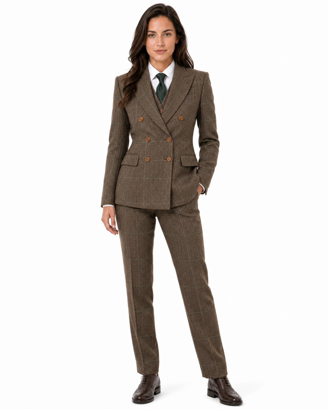 Women’s Camel Brown Herringbone Tweed with Overcheck Trousers - Image 8