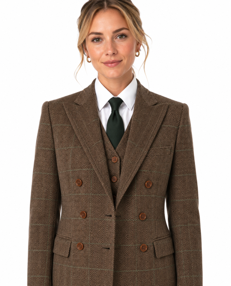 Women’s Camel Brown Herringbone Tweed with Overcheck Double-Breasted Trouser Suit