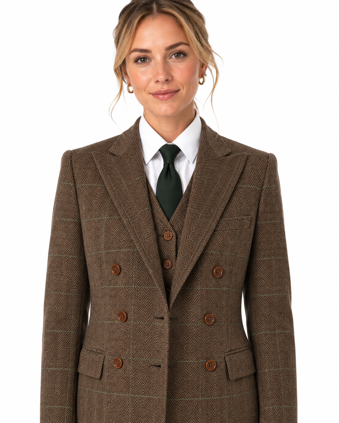 Women’s Camel Brown Herringbone Tweed with Overcheck Trousers - Image 9