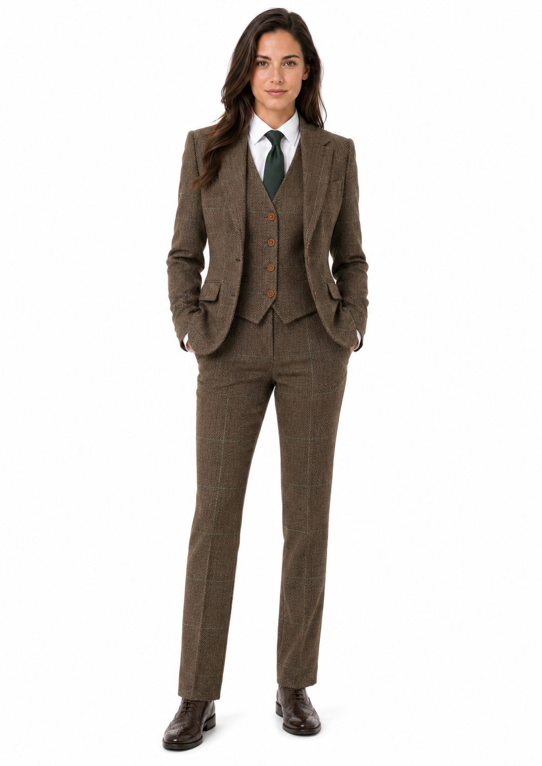 Women’s Camel Brown Herringbone Tweed with Overcheck Trousers - Image 3
