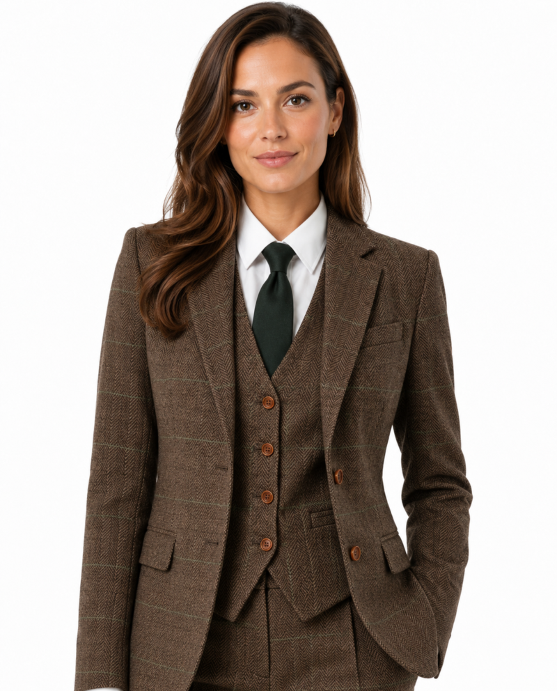 Women’s Camel Brown Herringbone Tweed with Overcheck Single-Breasted Trouser Suit
