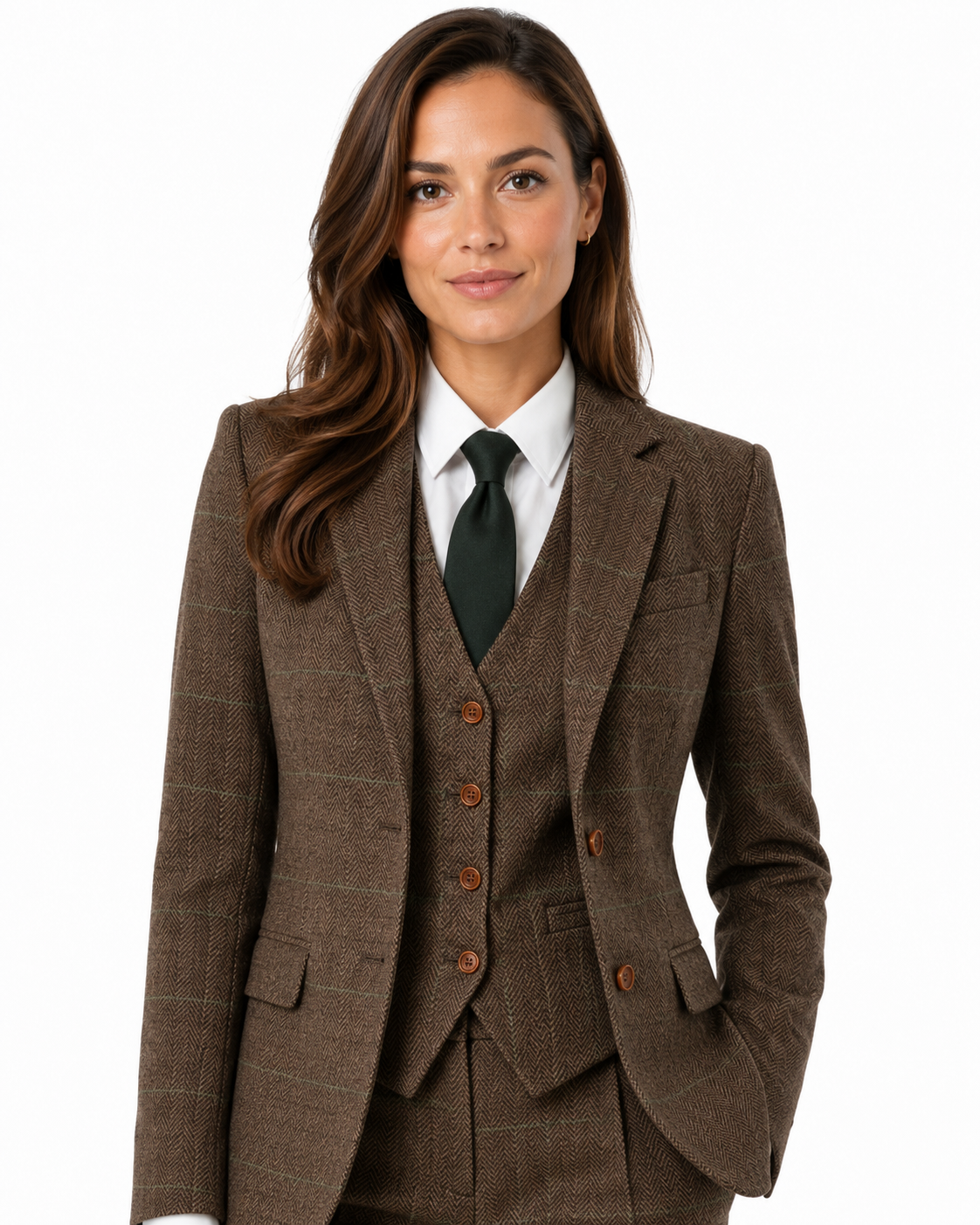 Women’s Camel Brown Herringbone Tweed with Overcheck Trousers - Image 4