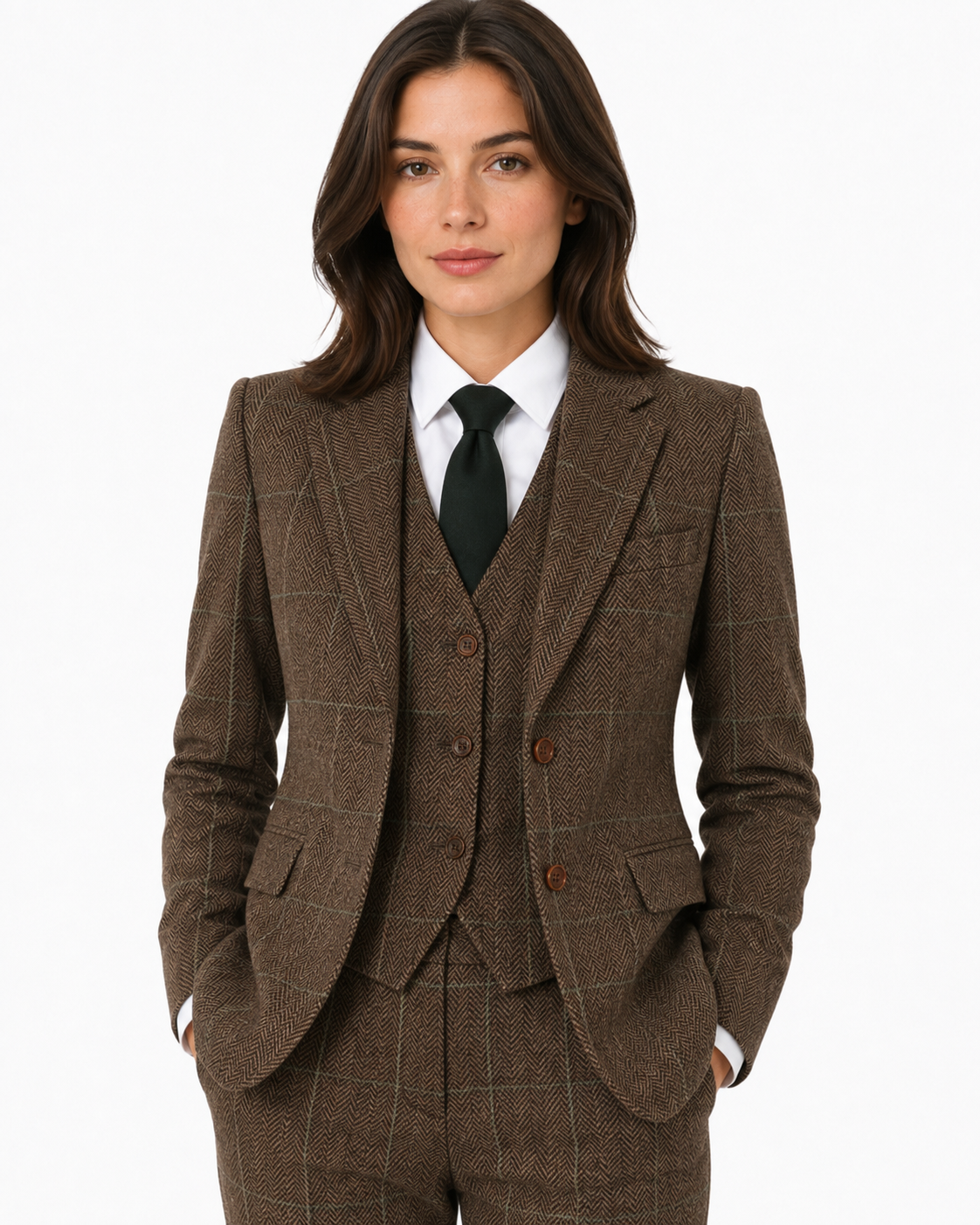 Women’s Camel Brown Herringbone Tweed with Overcheck Trousers - Image 5
