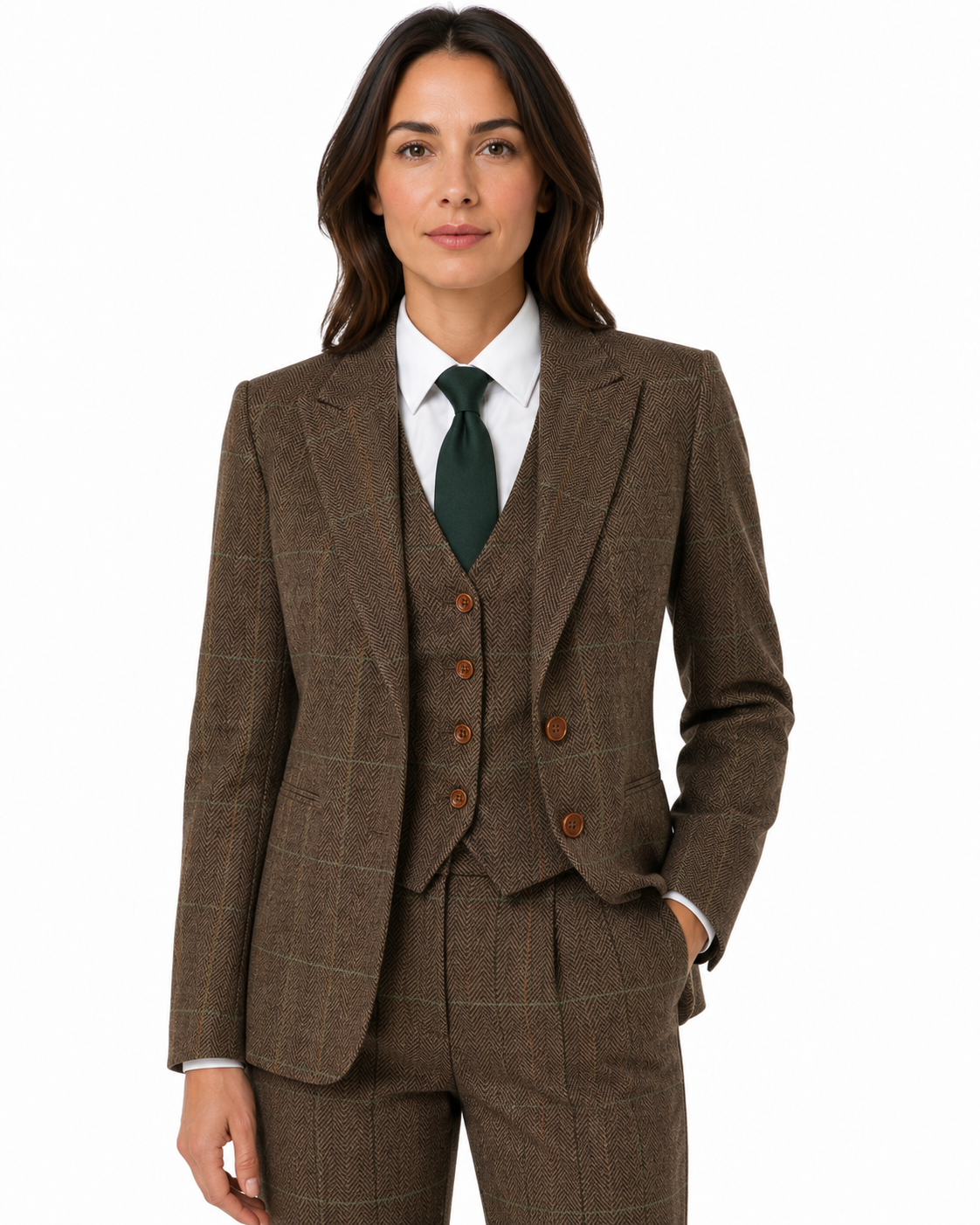 Women’s Camel Brown Herringbone Tweed with Overcheck Trousers - Image 6