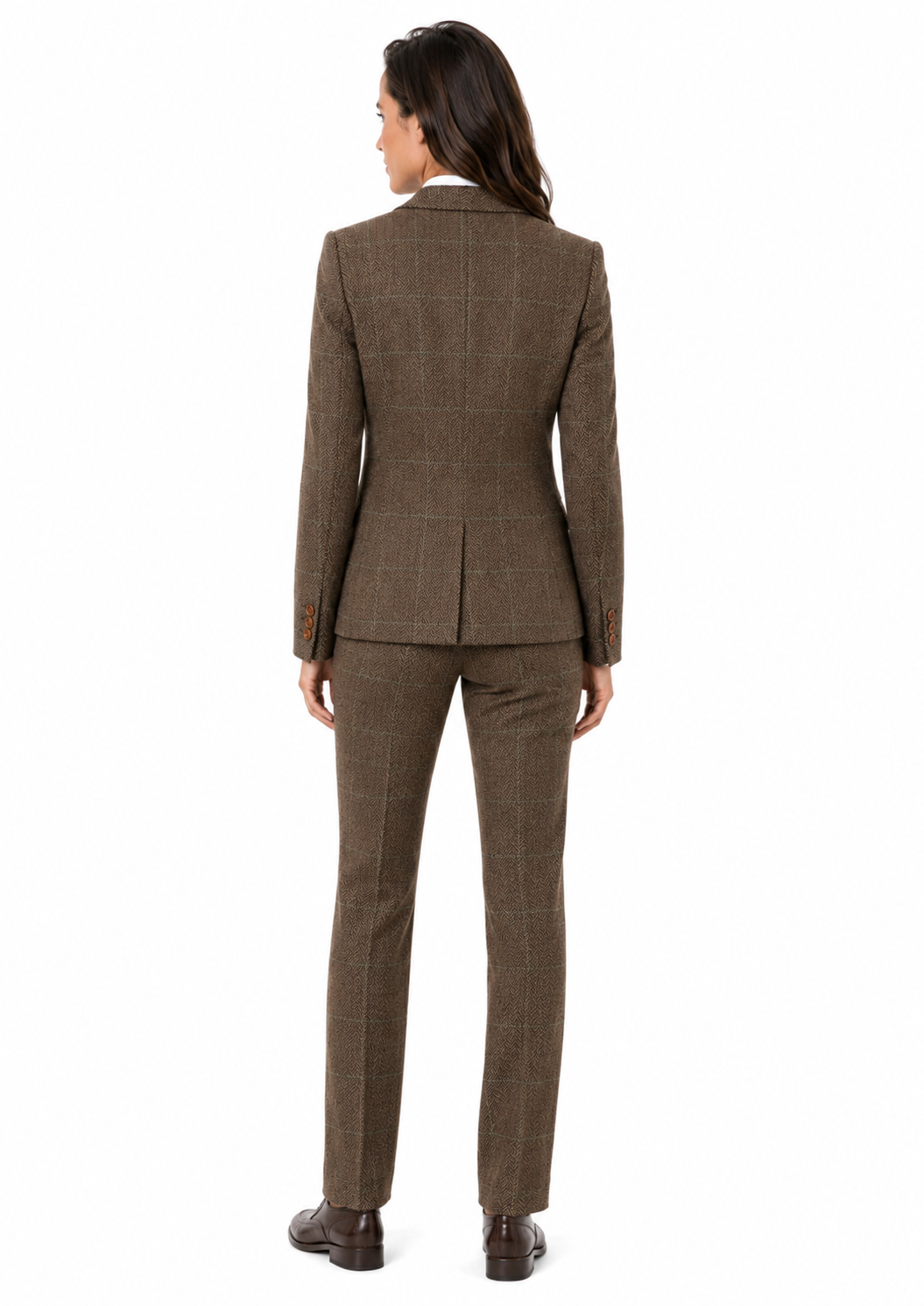 Women’s Camel Brown Herringbone Tweed with Overcheck Trousers - Image 10