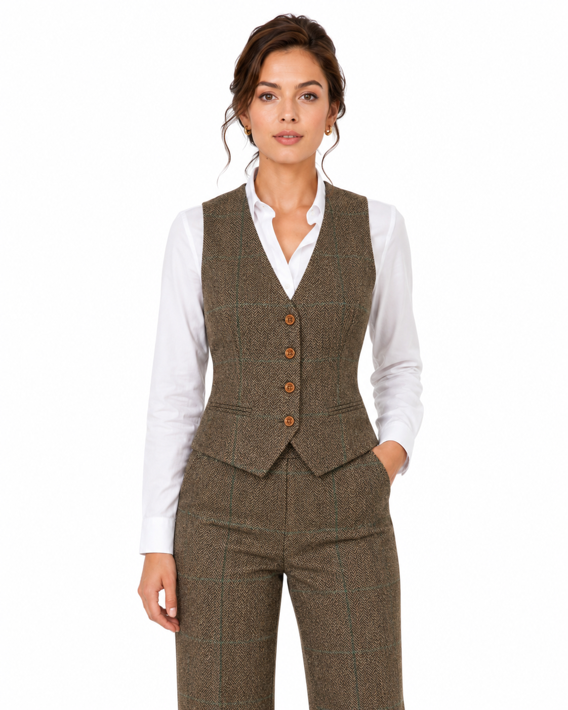 Women’s Camel Brown Herringbone Tweed with Overcheck Trousers - Image 2