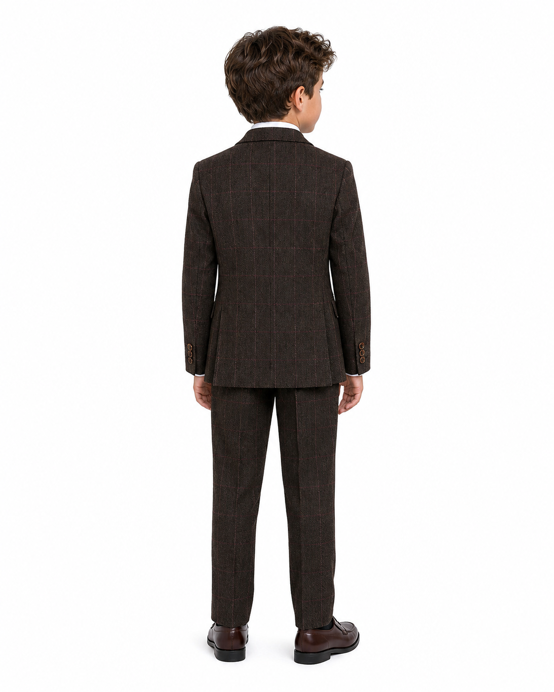 Boys’ Dark Brown Herringbone Tweed with Overcheck Three-Piece Suit - Image 3